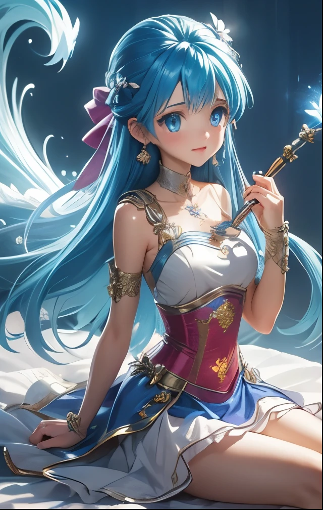 (((SFW、Highest quality、 first class masterpiece 、 Normal Body 、32k、 detailed face 、super precise、 normal hand、5refer to、Highest))) flora、"Dorakue characters"、beautiful girl、Blue and silver hair、Glowing Hair、beautiful breasts、Slender、 slim、Petite、 can be used、Half shoulder off、 white dress 、blue skirt in Airliner、Beautiful legs、Wand of Light