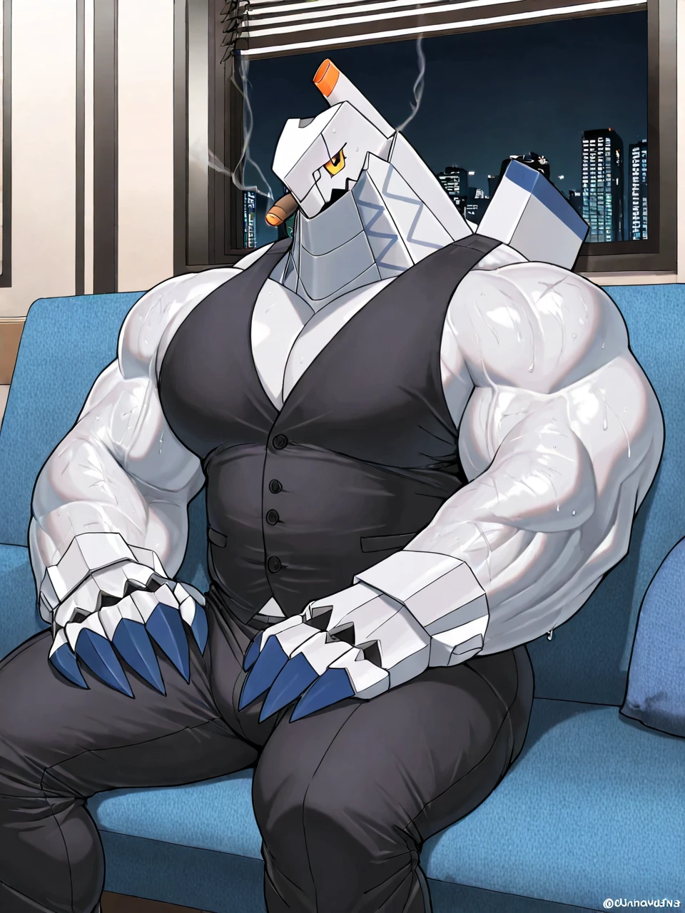 Aggron, macho, vestindo camisa preta, grande e musculoso, Corpulento, peitorais grandes, vestindo calcinha cinza, huge bulge, Rubor, sentado.