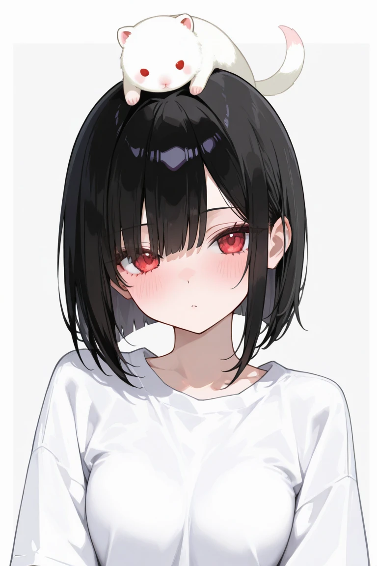 One girl with black hair, hair length until bust, straight hair, hair parted in center of head, round face. hairstyle with a center part, that the hair should be parted down the middle, creating a symmetrical look without any frontal hair covering the forehead. Looking straight. Looking straight at viewers. Smiling. Happy. Wearing casual shirt. Straight pose. Frontal view