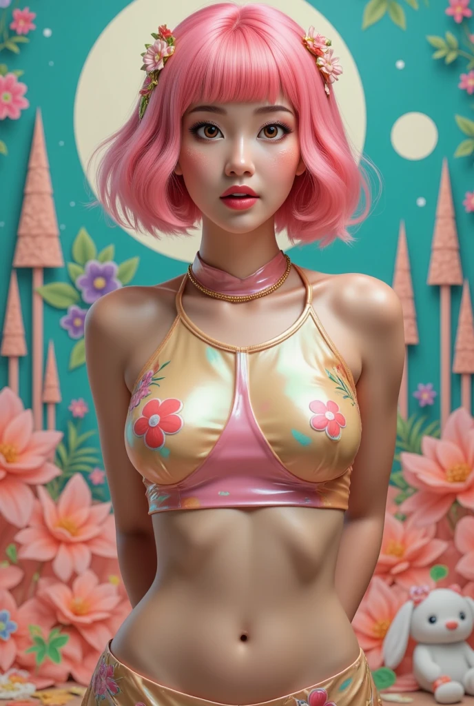 A stunning Asian girl with yellow hair strikes a seductive pose. She’s surrounded by a breathtakingly colorful backdrop, filled with vivid hues and beautiful, artistic details that create a mesmerizing and enchanting environment.