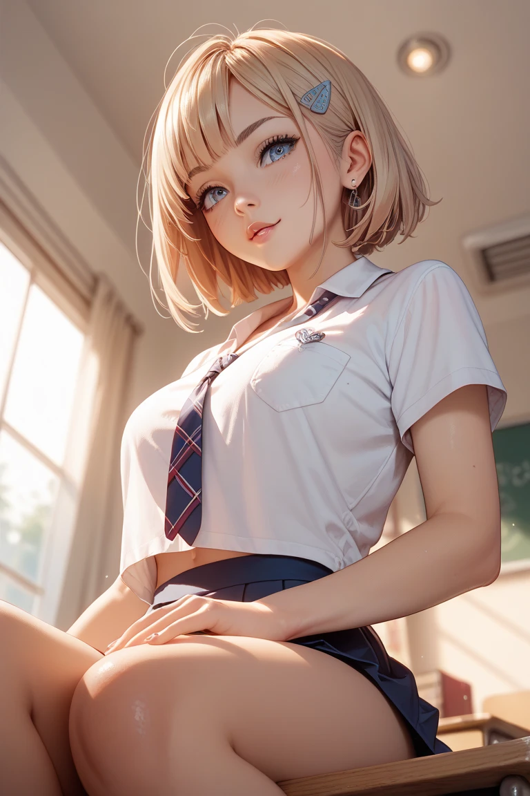 a 20 year old girl having an orgasm with short hair, breasts big  , exposed belly, short pleated miniskirt, She's sitting with her legs spread, vagina 