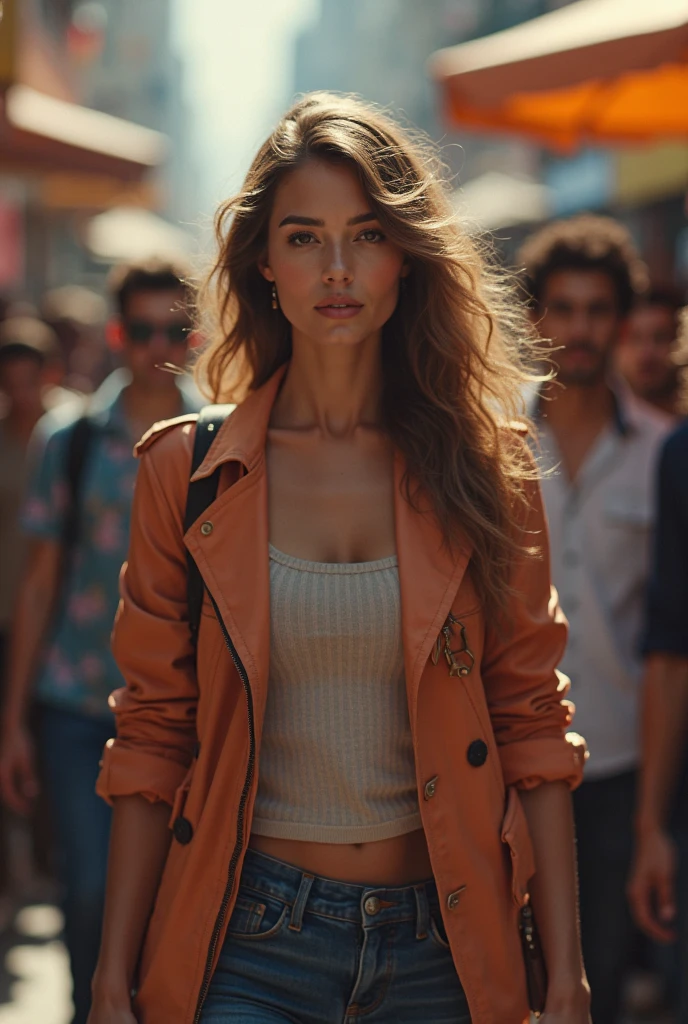 light brown hair brown eyes brazilian woman on a sidewalk near a busy street with buildings and cars on the street
