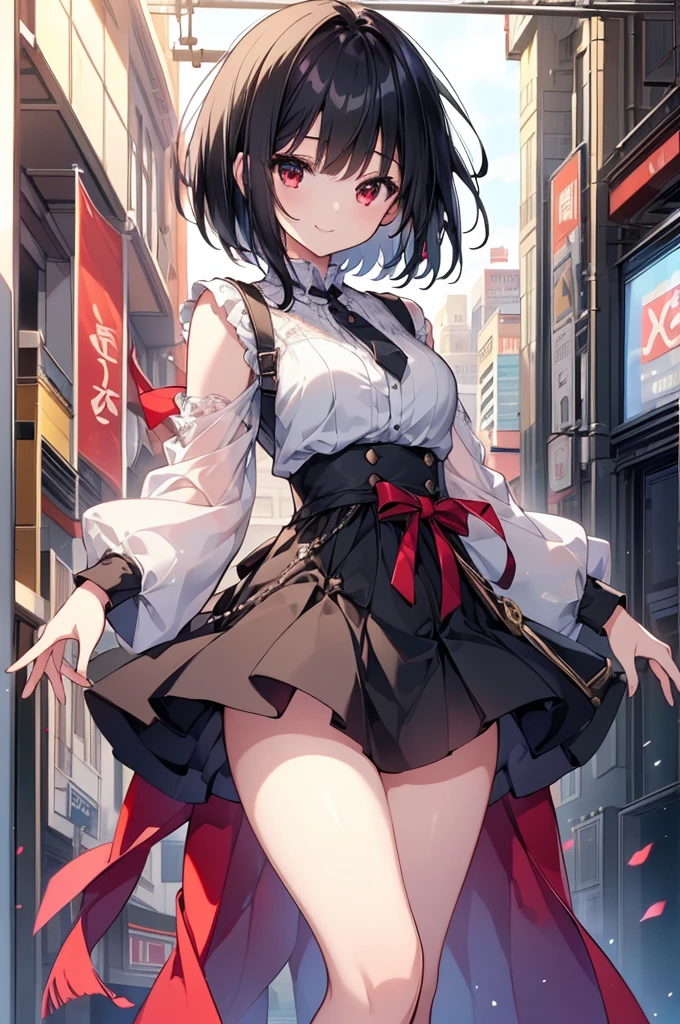 photography, on the street, tokyo, asuka \(senran kagura\), 1girl, red scarf, black dress, thighhighs, hair ribbon, <lyco:KitsuneAi-AsukaSRK-LoCon32V1-000006:1.0>,