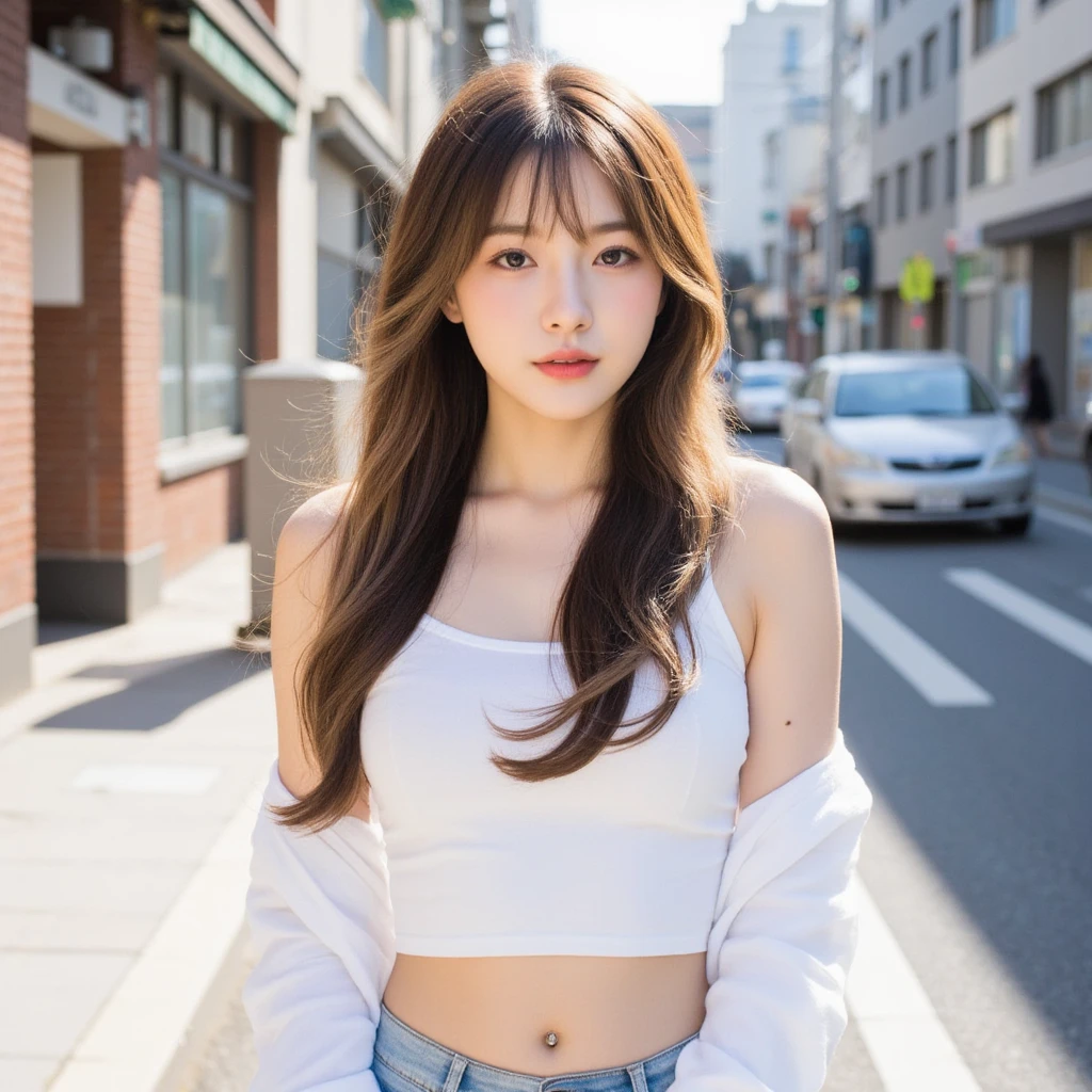 ((Realistic lighting, highest quality, 8k, masterpiece: 1.3)), concentrated: 1.2, One girl, Perfect figure: 1.4, Slim Abs: 1.1, ((Light Brown Hair)), (Street fashion: 1.4), (Outdoor, night: 1.1), street, Very beautiful face, Beautiful Eyes, double eyelid,Dimples,