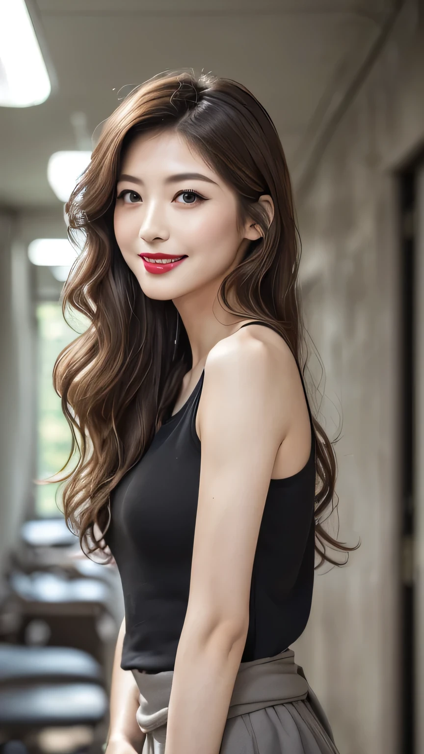  very detailed,  masterpiece ,  best quality , (( Photorealistic:1.4)), ((skinny body:1.4))、(((black long tank top、Sleeveless、))、((Tight Flat ))、25 Year Old Japanese  Woman ((makeup、lipstick、sensual big mouth:1.ensual big nose))、detailed face、(((light brown hair、Big Wave Long Hair、 asymmetry))),  graceful and sophisticated 、((from waist to head with camera))、((sensual smile))、((professional cool lighting))、((Ruined Hospital Interior、concrete wall and floor))、from the side