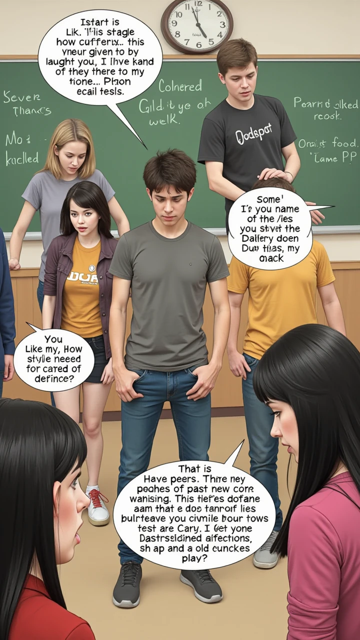 (((Threesome, 1 female in pantyhose, 2 males))), UHD, photorealistic, 2 naked male teenagers wearing backpacks with cocks are showing are holding up a sexy teacher in a skimpy outfit and sheer black pantyhose, open blouse, mini skirt, gang bang, girl is getting double penetrated through her pantyhose, 1 male in front of female, 1 male behind same female, they lift her skirt and rub their dicks on her silky pantyhose ass and cameltoe, she is turned side profile as the men lift her up and 1 rubs the front of her pantyhose crotch and another rubs the back of her crotch, boy in front and boy behind her, rubbing dick on pantyhose crotch cameltoe, (((finger her ass through her pantyhose))), perfectly drawn hands, her arms are around them, she caresses their heads with her hands, classroom, photorealistic