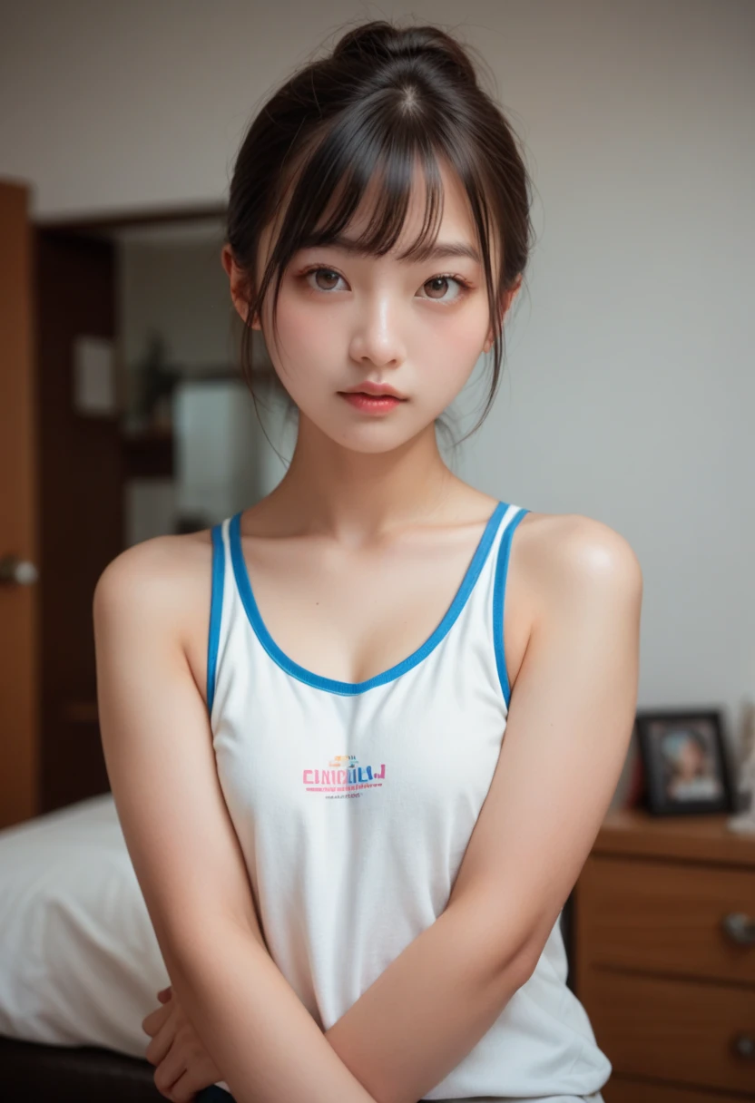 Best quality, masterpiece, ultra high res, photorealistic:1.5, raw photo, 21yo girl, messy bun Hairstyle. (Wearing gray tanktop), show shoulders, cleavage, natural big breast, show big thigh, plump body, denim hot pants. sitting on the bed. Dark background,(beautiful tight), legs