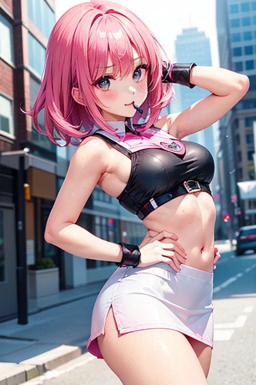 32k, best quality, ultra high res, HDR, UHD, extremely detailed CG, unity 32k wallpaper, masterpiece, highest quality, High resolution, Absurd, One girl, crowd, mini skirt, Pink Hair, From below, Revealing clothing, Outdoor, sunlight, street, View Viewer, blush, Squat with your legs apart, 