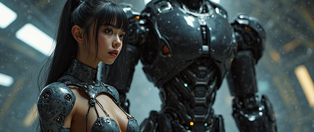 metal robot carries a naked woman in its arms. The robot has a metal head with one central lenticular eye. The woman in the robot's arms is naked, has large breasts and long wet curly hair, and is hugging the robot. Rainforest in the background.
