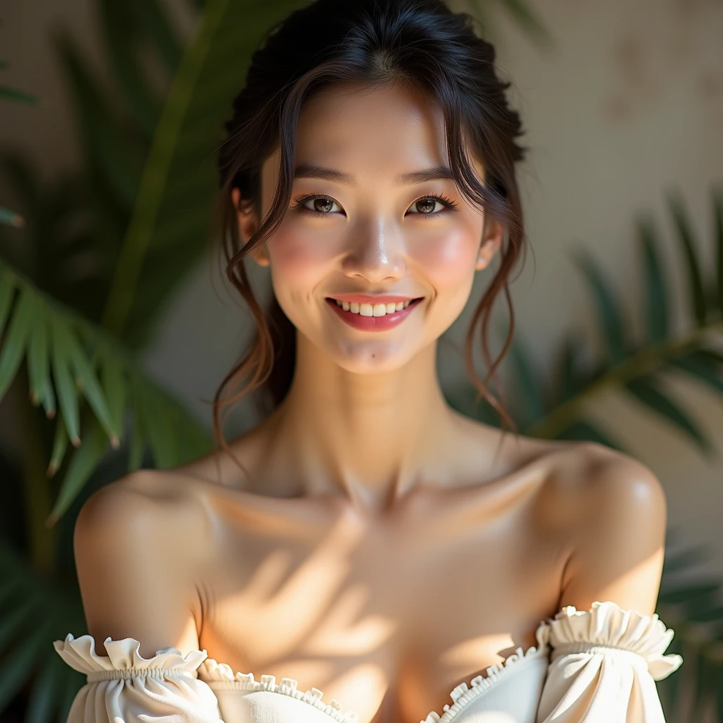 (((best quality))),(((ultra detailed))),(((masterpiece))),illustration,((1 beautiful young girl,solo)),((slim,thin)),((small breasts,flat chest)),(short ponytail:1.2),(laughing:1.2),stunning, radiant complexion, mesmerizing eyes,((strapless sheer bra)),frilly, domesticity, playfulness, colorful patches, vegetables, cooking utensils, whimsical,delicate features, gentle smile, perfectly aligned teeth, contentment, warmth, friendliness, vibrant atmosphere, bustling,barbecue restaurant, wooden panels, hanging plants, cozy, earthy feel, scent of sizzling meats, spices, patrons, tables, meals, laughter, lively ambiance, gleaming wooden counter, checkout counter, assortment of bills, receipts, cash register, calm, collected, typing, precision, simplicity, joy, hard work, hospitality, culinary delights,((from front,close-up of face))