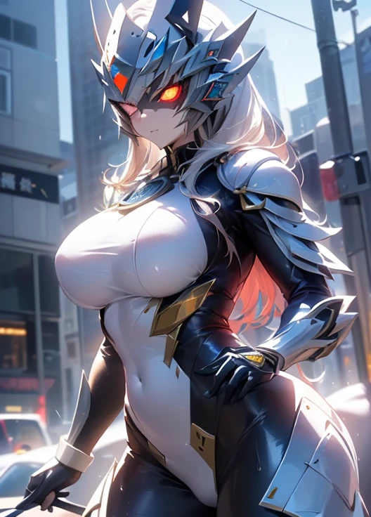 fantasy, 1angel_girl,child, loli,black_color_hair, medium_bob_hair, long_bangs, halo,bare_shoulder,thighhighs,(shiny_silver_armor:1.1), waist_armor, large_breasts,smile,open_mouth1pair_wings, dynamic_ pose_fighting,floating, bare_crotch, covered_nipples, covered_pussy,headgear,gauntlet, greaves, pelvic_curtain, city_sky_background,slightly_spread_legs, solo, groin_naked,(masterpiece, best quality, best quality, official art, beautiful and aesthetic:1.2), (1 girl), very detailed,
