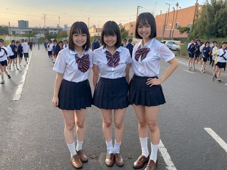 three girls in school uniforms posing for a picture, seifuku, japanese school uniform, wearing japanese school uniform, wearing school uniform, japanese girl school uniform, japanese high school, jk uniform, wearing a school uniform, high school girls, two japanese schoolgirls posing, wearing skirt and high socks, kantai collection style, trending on cgstation, young gravure idol