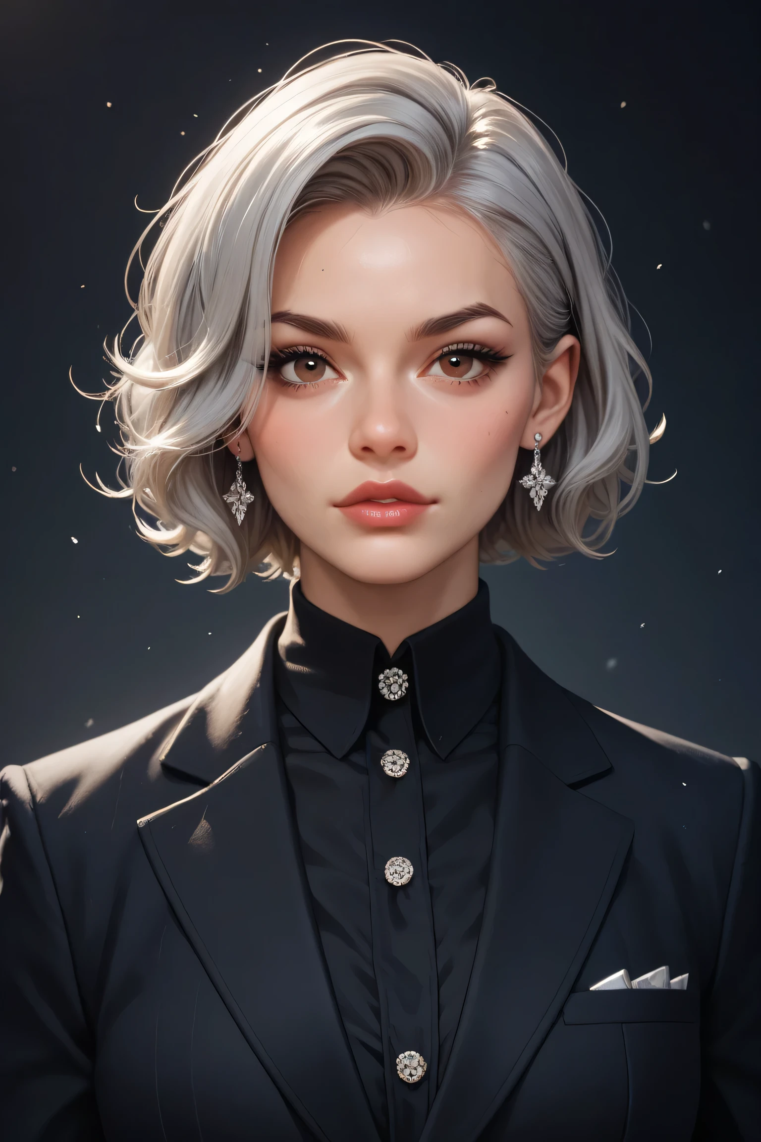 Semi-realistic image of a girl.20 years old with grey hair and dark brown eyes.Has a firm and cold facial structure.Having strong Indonesian and Dutch genes and combining them with each other.Has a strong mafia vibe.Wearing a black suit and black shirt.Have a fit, fresh body ,and healthy.Has an aura of authority, dominance and manipulative.Seems heartless and cruel. Has a sharp gaze.Have strong javanes genes.


