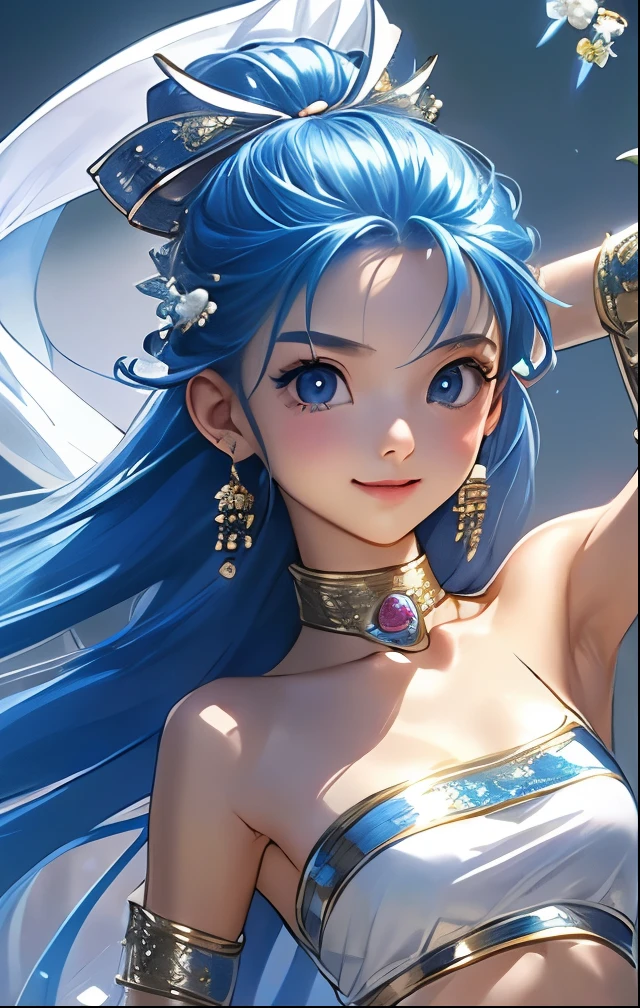 (((SFW、Highest quality、 first class masterpiece 、 Normal Body 、32k、 detailed face 、super precise、 normal hand、5refer to、Highest))) flora、"Dorakue characters"、beautiful girl、Blue and silver hair、Glowing Hair、beautiful breasts、Slender、 slim、Petite、 can be used、 dancers、bikini pareo