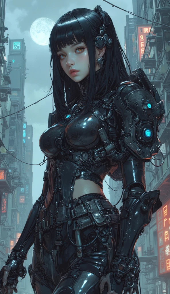 Uma menina, wearing an oni mask, olhos brilhando com luz amarela, vestida sexy, half of his body is open reelmech, right hand is a mechanical prosthesis, Torn red cloak swaying in the wind, next to a small aerial machine with complex structure, noite, A cyberpunk city destroyed in the apocalypse, Girl sitting on this big neon billboard,  realista, melhor qualidade de imagem, highest definition and clarity, original, surrealismo, alto detalhe, futurismo, Action painting, chiaroscuro, cinematic lighthing, ray tracing, luz refletida, lente jeans,
