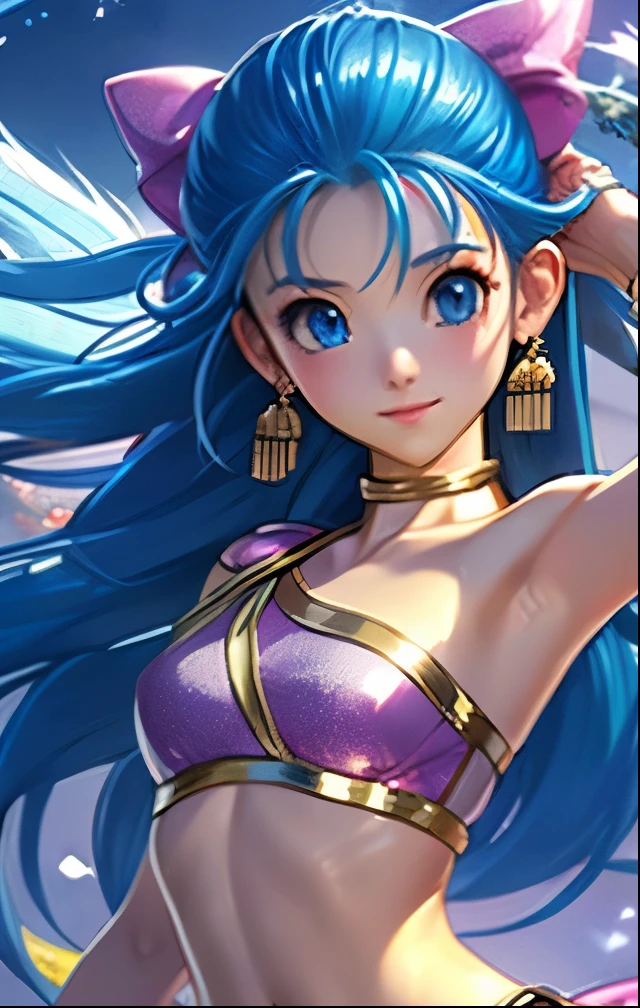 (((SFW、Highest quality、 first class masterpiece 、 Normal Body 、32k、 detailed face 、super precise、 normal hand、5refer to、Highest))) flora、"Dorakue characters"、beautiful girl、Blue and silver hair、Glowing Hair、beautiful breasts、Slender、 slim、Petite、 can be used、 dancers、bikini pareo