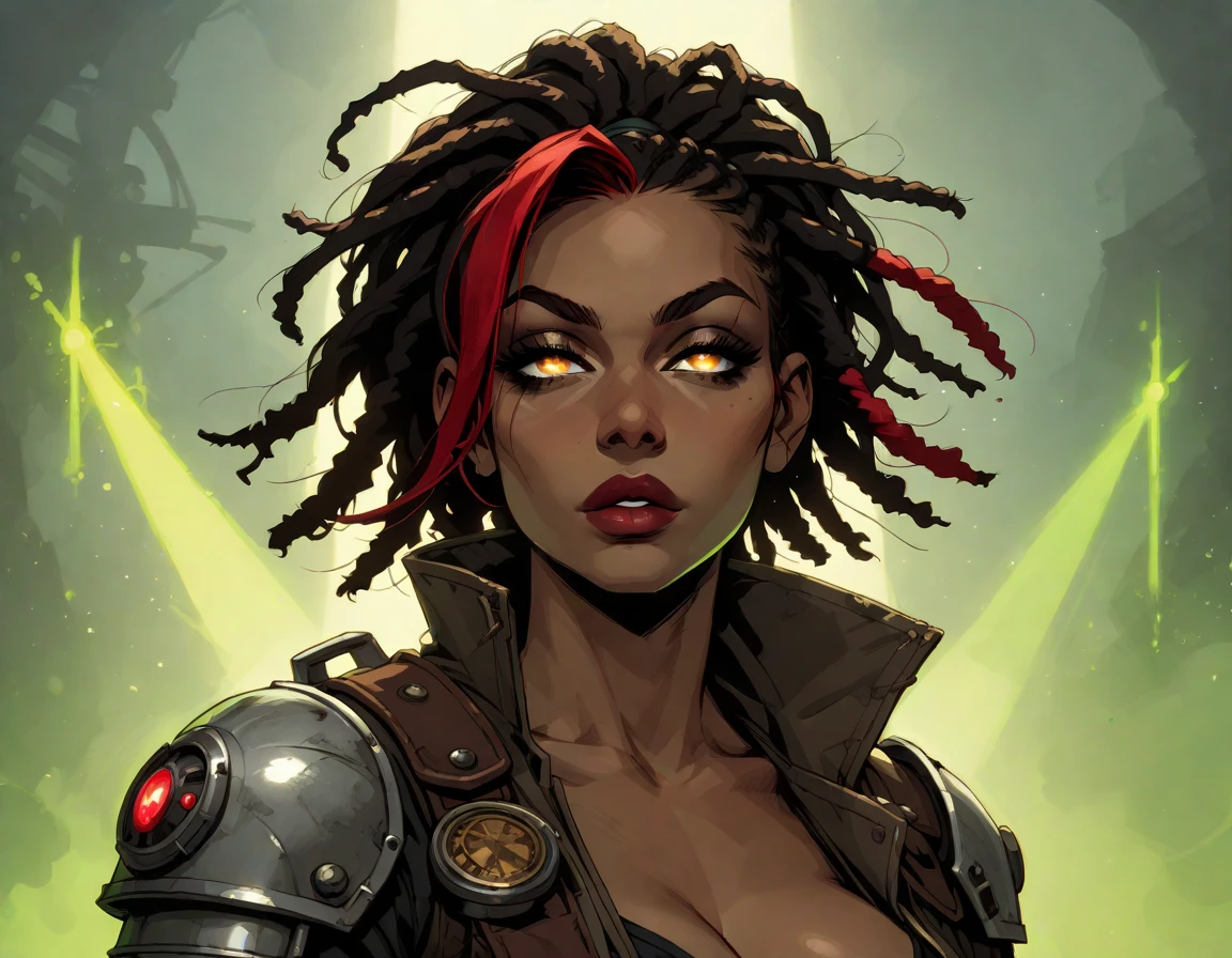 Brutal Red Skin Twi'lek with huge breasts wearing futuristic ((sleek (black) tunic)), robes, cowl, cape, huge breasts, slim hips, small waist, full-body shot, cleavage
