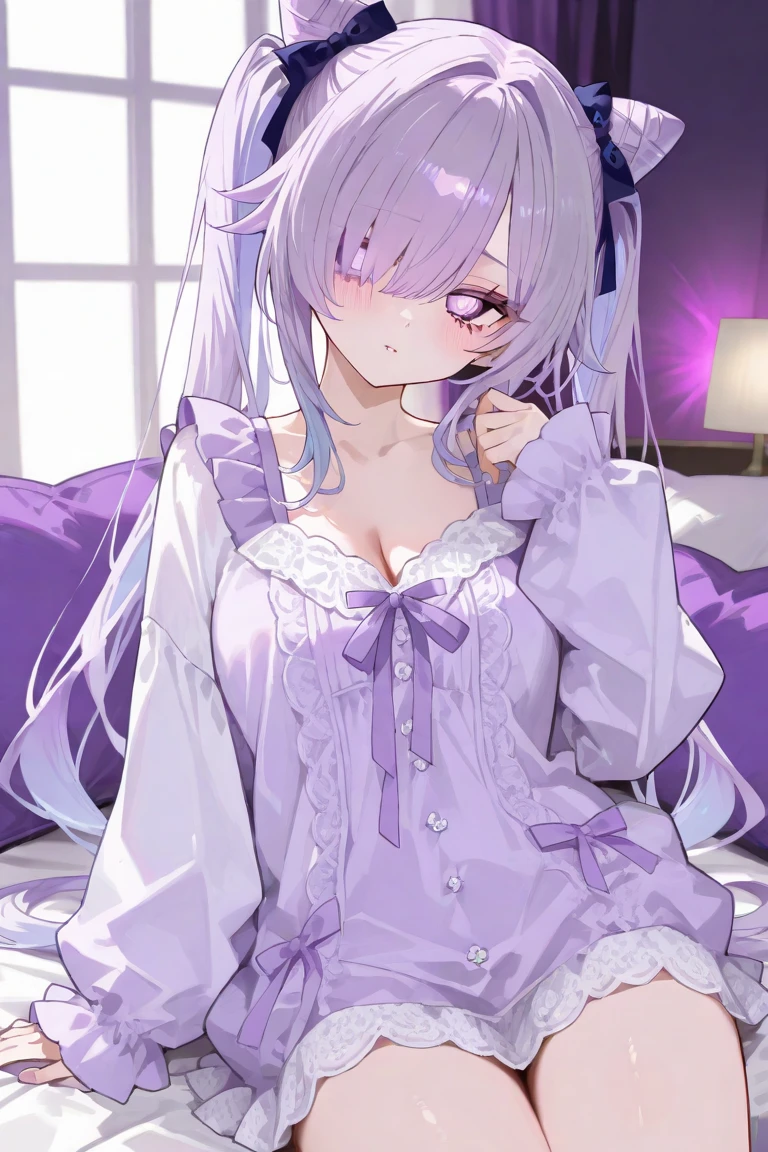 ((8k, Highest quality, masterpiece: 1.3)),Ultra-high resolution,(1 girl, alone), (Color changing eyes, Ultra-detailed, Expressive brilliance, Glitter, Glowing Eyes), Highly detailed eyes, Highly detailed face, Random Hair, ((pastel colour))Design a Vtuber character in a modern, chic bedroom at night. Her hair is a soft lavender with a gradient that transitions from light pastel purple at the tips to a deeper violet near the roots, styled in elegant, loose curls. Her eyes are large and expressive, with a gradient from deep violet near the pupils to a lighter lilac at the edges, sparkling with a subtle shimmer. She wears a delicate, sheer lavender lace bralette and matching panties. The room features a sleek, minimalist bed with a white comforter and a few grey decorative pillows. A warm bedside lamp casts a soft glow, illuminating the room’s contemporary decor, including a simple nightstand with a modern alarm clock and a small potted plant.