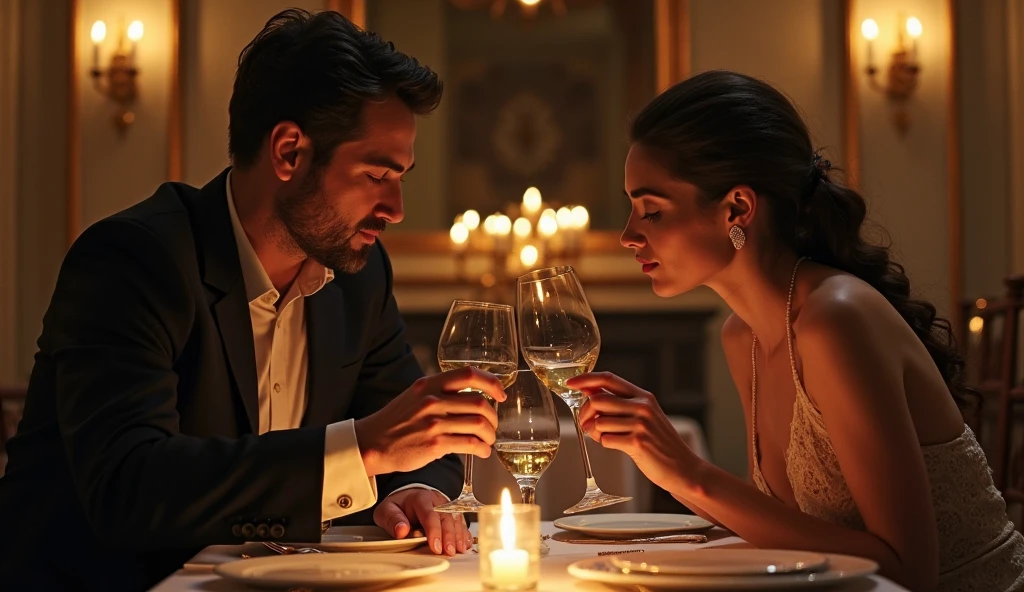 POV of an elegant woman's hand offering a glass of red wine to a young Latino man, who with his right hand makes a sign of rejection