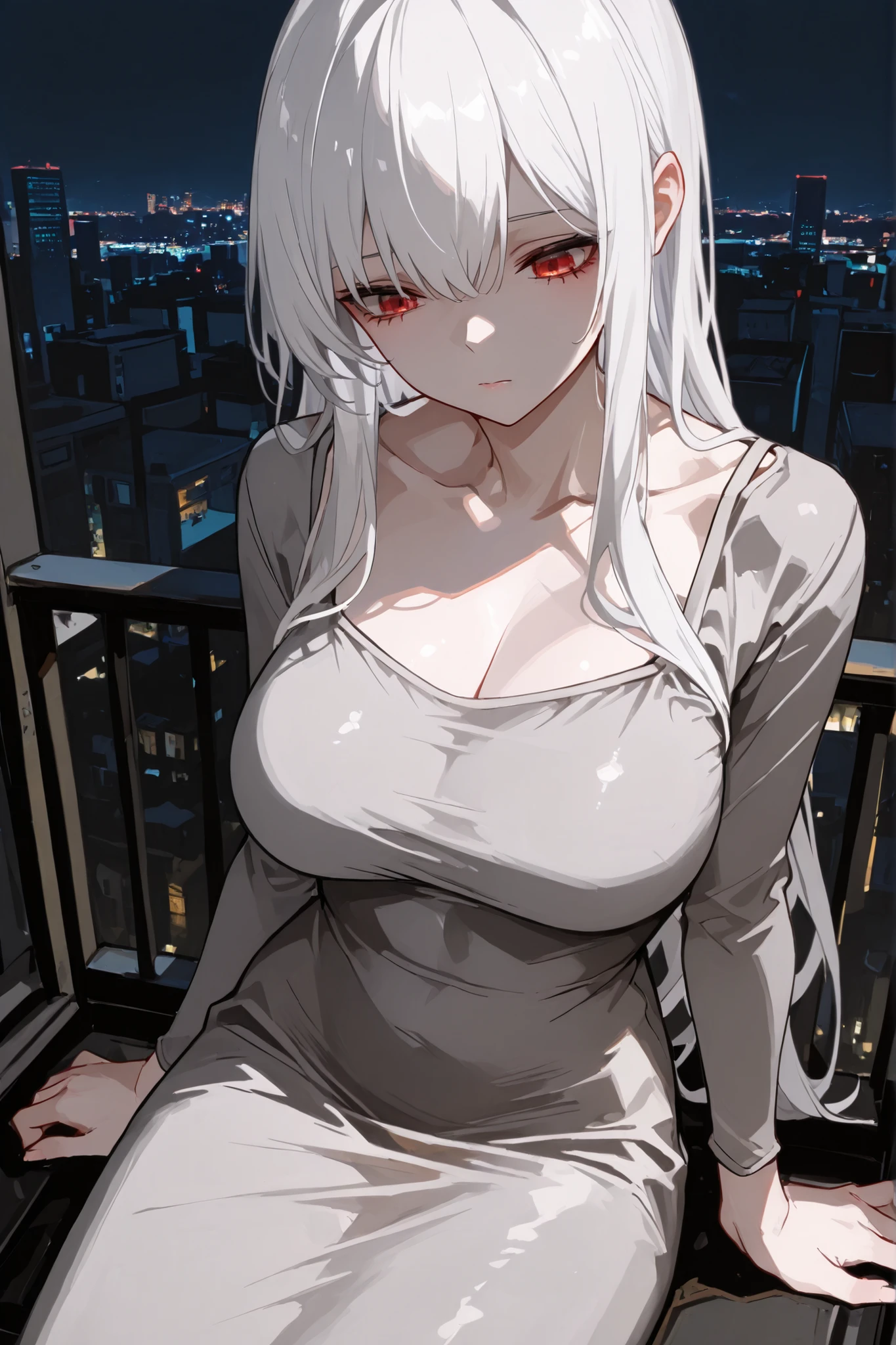 1girl, solo, white hair, long hair, red eyes, dongtan dress, grey dress, large breasts, front shots, sitting, city, night