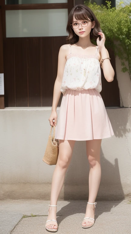 create an image of a woman, white, brown eyes, brown hair tied up, 50 years old, 1 meter 65, flowery dress below the knee, open sandals with smile
