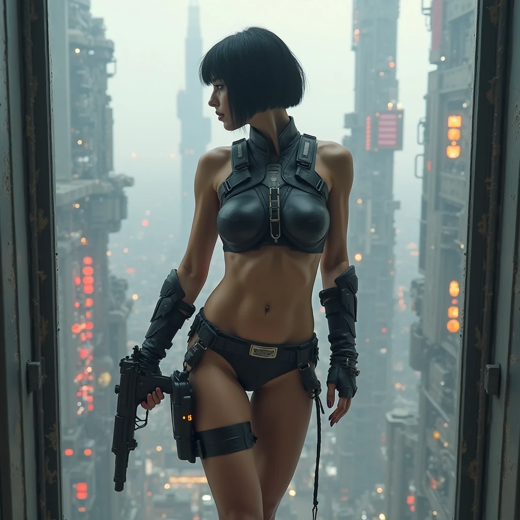 (((aerial view))), Blade Runner style futuristic space station platform, flying cars, neon lights, rainy night. (1girl, solo, alone), large-breast:1.2 slim body, cleavage:1.1, sexy laced lingerie with wet jacket, (black sunglasses), (((she raised a pistol:1.8 and shot the viewer))), dynamic pose, (((half-body thigh level medium shot))), cinematic lighting, lens flare, ray tracing.