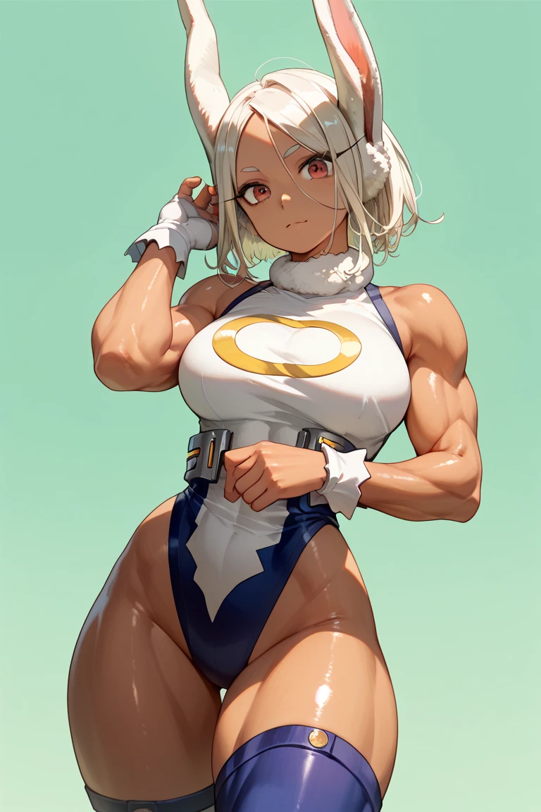 18 year old anime muscle mommy with white hair and pale skin in a yellow thong bikini flexing her muscles with her hands behind her head so they are not seen to pridefully show off her abs on a white sanded beach, highly detailed