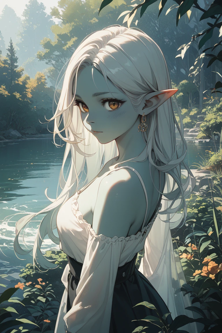 (highres,best quality),detailed elf woman,detailed face,detailed eyes,looking up to the sky,half-naked,vibrant colors,landscape background,forest elements,waterfall,ethereal atmosphere,soft sunlight,serene expression,flowing hair,fantasy setting,magical ambiance,glowing flowers,delicate features,enchanted forest,rays of light,pastel hues,mystical creatures,majestic trees,sparkling water,dappled shadows,ethereal beauty,fierce yet elegant,graceful posture,strong connection with nature,mysterious eyes,wisdom and enchantment,harmonious blend of fantasy and reality,mythical realm,magic in the air,serenity and tranquility,immersive experience,whimsical and captivating,unforgettable visual journey,masterpiece artwork