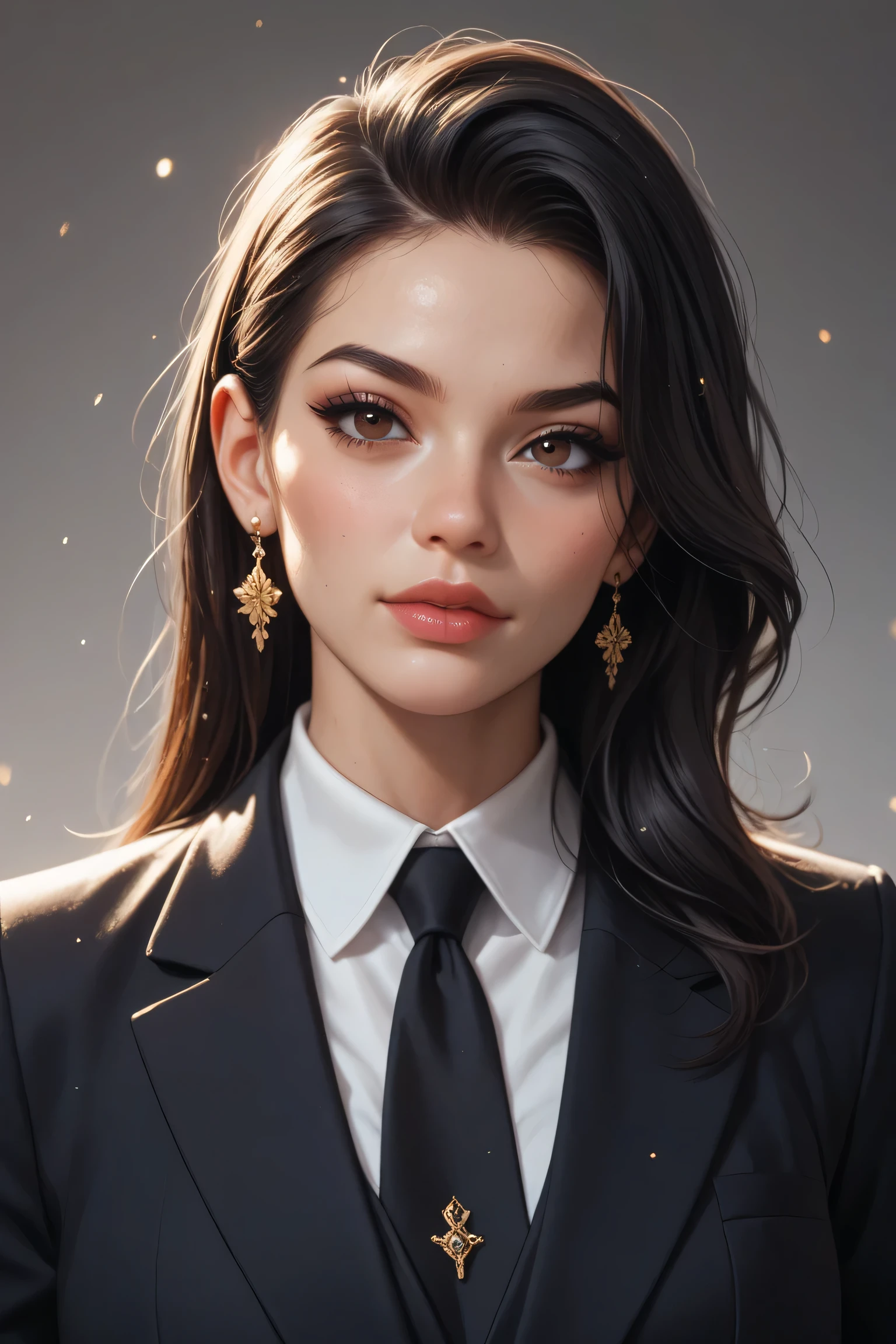 Semi-realistic image of a girl.20 years old with black hair and dark brown eyes.Has a firm and cold facial structure.Having strong Indonesian and Dutch genes and combining them with each other.Has a strong mafia vibe.Wearing a black suit and black shirt.Have a fit, fresh body ,and healthy.Has an aura of authority, dominance and manipulative.Seems heartless and cruel. Has a sharp gaze.Have strong javanes genes.