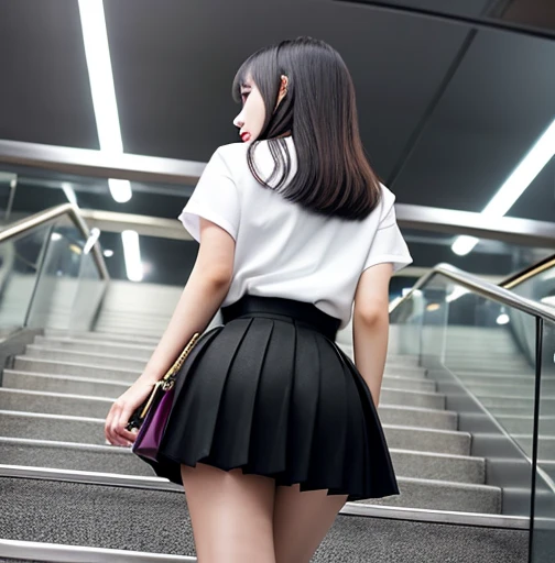 Long Hair, bangs, Pink Hair, Hair Between Eyes, (Green Eyes: 1.5), Multicolored Hair, Hair Tie, Lipstick, Girls, kogal, Makeup, BREAK Skirt, Shirt, Jewelry, , clavicle, White shirt, Pleated skirt, Collared shirt, Mini skirt, Bracelet, Black skirt, Naughty big、big full breasts、BREAK looking at the viewer, Full body, BREAK (masutepiece:1.2), Best quality, High definition, Unity 8k wallpapers , (Illustration: 0.8), (Beautiful detailed eyes: 1.6), extremely detailed face, Perfect lighting, extremely detailed CG, (Perfect hands, Perfect anatomy), Open mouth smile、Stand on the escalator, (Up) escalator), ( lower body shot), Focus on hips, (shot from below: 1.3), (back view: 1.3)、 (black panties: 1.3)、(Rolling skirt: 1.3)、(Fully exposed panties: 1.5), outdoor、 outside the house