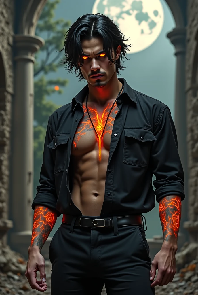 high contrast, fullbody, alluring hairy chested male Arab devil with red tattoos exudes power, Red horns twisted from his head, big black bat wings with broken chains amplify his presence. His intricate physique is highlighted against a red candles surrounding the altar in a satanic church, performing a satanic ritual at night in the dark, seamlessly blending the sacred and profane in an unsettling embrace.
Adjustment suggestion: close-up, random point of view, profile, cinematic, Enhance the tattoo textures and muscular form through shading and highlights. Experiment with candlelight's intensity for contrasts, adding depth and a seductive atmosphere,
