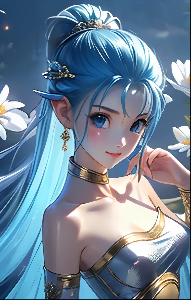 (((SFW、Highest quality、 first class masterpiece 、 Normal Body 、32k、 detailed face 、super precise、 normal hand、5refer to、Highest))) flora、"Dorakue characters"、beautiful girl、Blue and silver hair、Glowing Hair、beautiful breasts、Slender、 slim、Petite、 can be used、 dangerous swimwear
