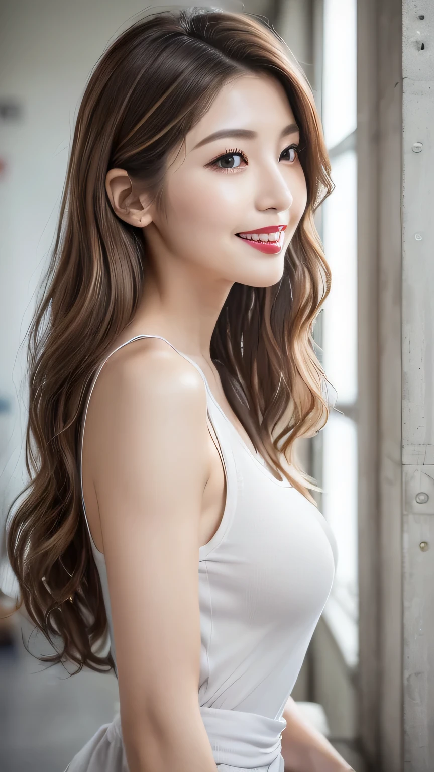 very detailed, masterpiece , best quality , (( Photorealistic:1.4)), ((skinny body:1.4))、(((white long tank top、Sleeveless、))、((Tight Flat Breasts))、25 Year Old Japanese Sexy Woman ((makeup、lipstick、sensual big mouth:1.ensual big nose))、detailed face、(((light brown hair、Big Wave Long Hair、 asymmetry))), graceful and sophisticated 、((from waist to head with camera))、((sensual smile))、((professional cool lighting))、((Ruined Hospital Interior、concrete wall and floor))、from the side