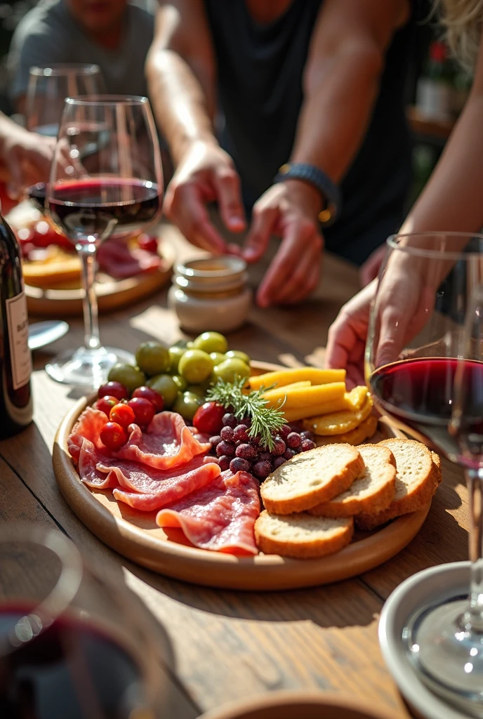 Poste instagram, sexy femme, apero olives et cacahuetes table dans un bar, sans visage seulement mains avec ongles mi-longs noirs