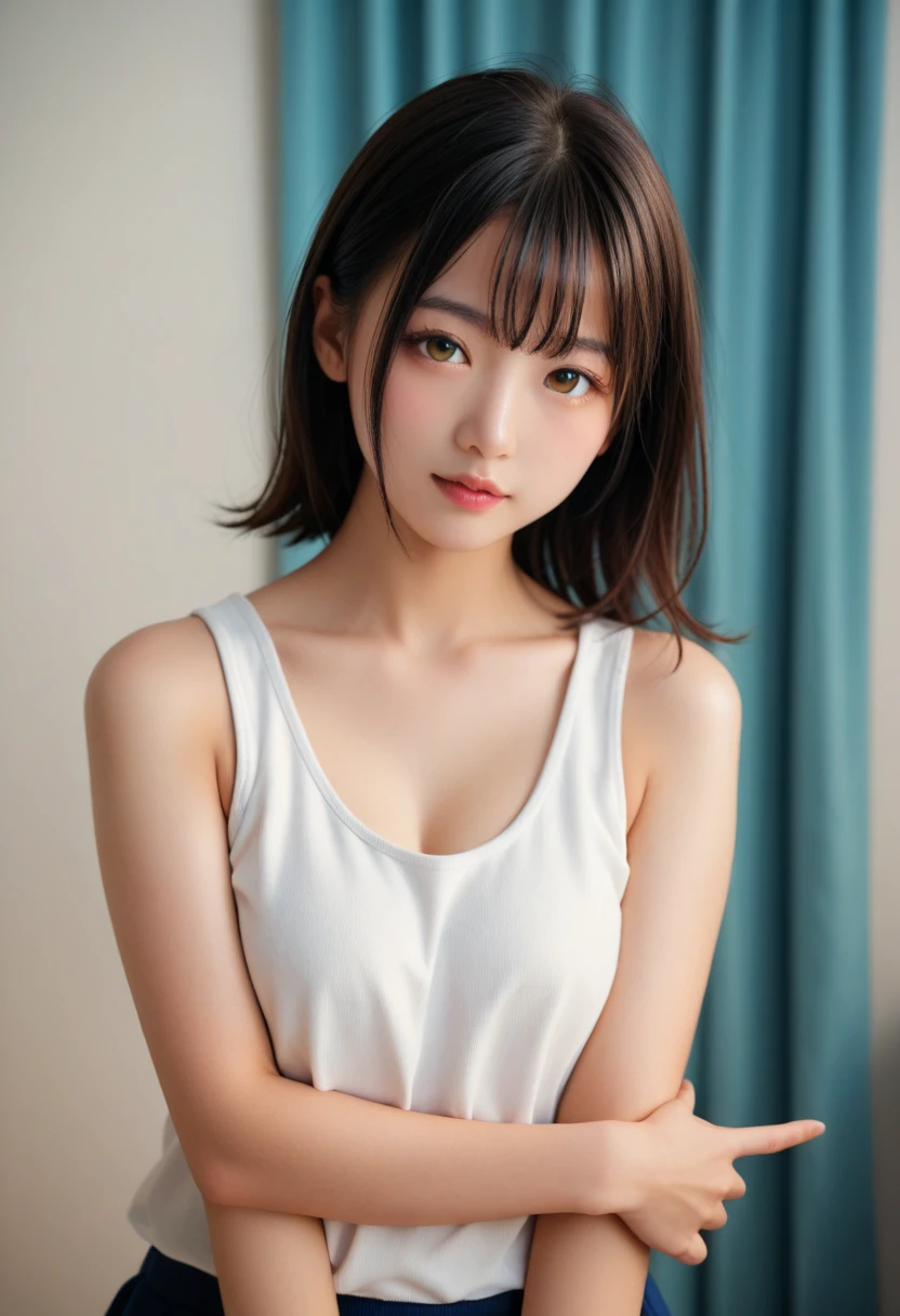 NSFW, table top, highest quality, shape, Super detailed, finely, High resolution, 8k wallpaper, 完璧なダイナミックな構shape, beautiful and detailed eyes, ((Tank top))medium hair,G-Cup, (((show off your chest))), (body facing forward,face to face:1.3), 20 year old girl, cowboy shot,