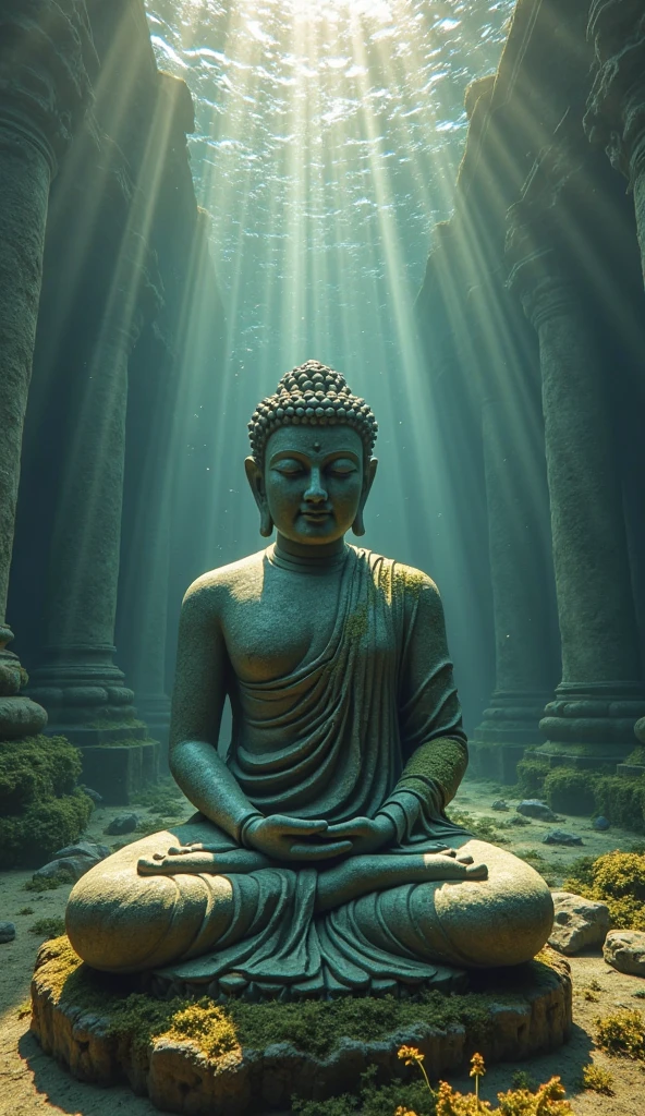 Sunken ancient ruins at the bottom of the lake、A simple stone Buddha statue has fallen askew and sunk.、Light from the surface of the sea、Backlight、humble little fish、algae、