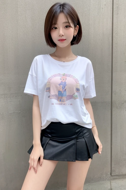 A Chinese woman on the rooftop of a tall building at night, fluffy hair, delicate face, bright, real girl, large aperture, slim, wearing denim shorts, black stockings, loose T-shirt, letter T-shirt, cartoon T-shirt, close-up shot, plump, slightly fat,
