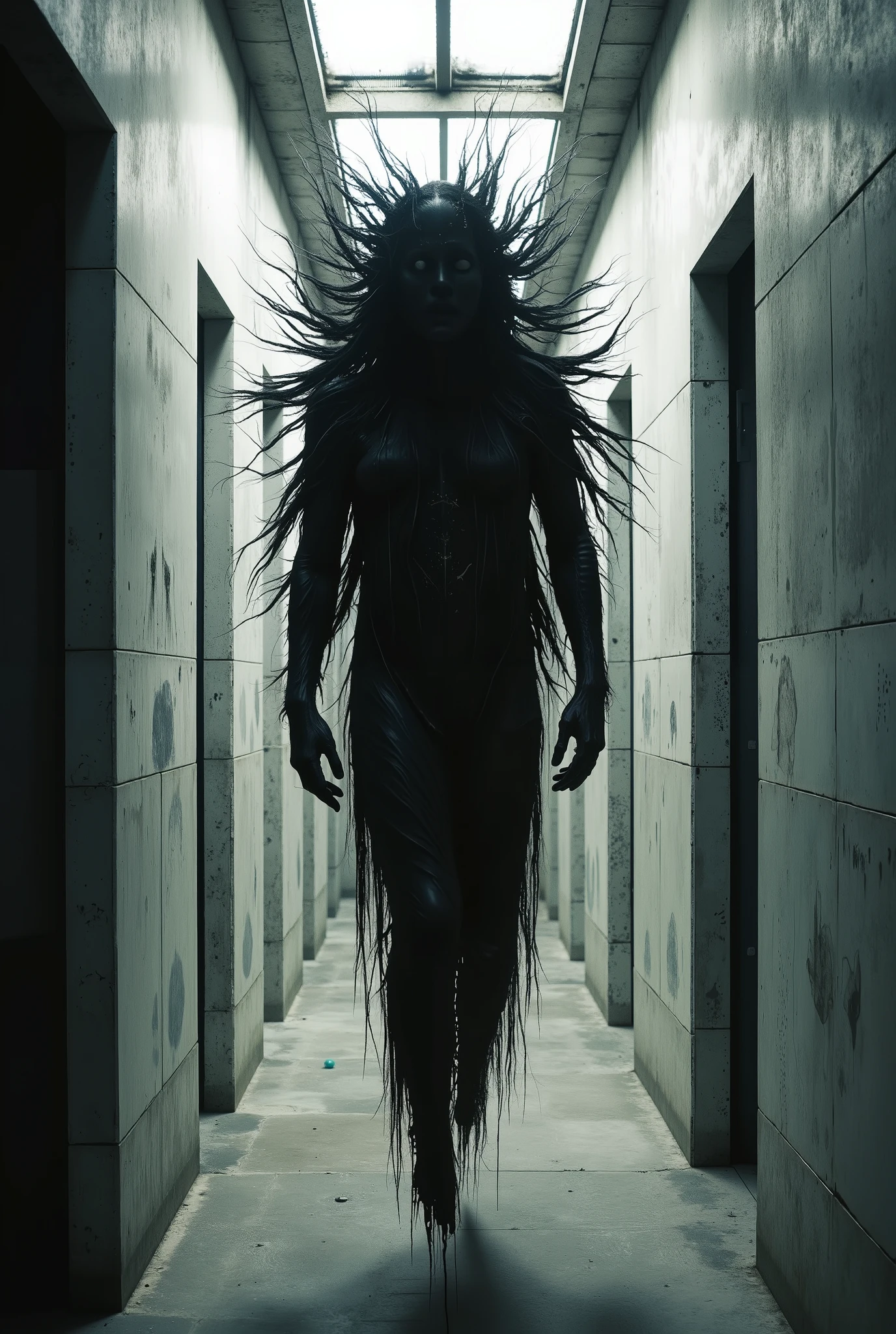 (Masterpiece. Ultra HD. 16K. Realistic. Cosmic Horror. Dark Psychedelic:1.6) — (Extremely long, thin and floating black hair strands:1.8), drifting subtly around the (male humanoid silhouette:1.7), which is (levitating slightly above the ground:1.8), motionless and weightless. The entity emits no light—its body is a matte void, hollow and textureless, absorbing reality around it. (Space warps and bends chaotically:2.0) in a volatile field of distortion surrounding it, with sharp lensing effects, chromatic smears, and sudden perspective shifts—an unstable halo of unreality. The figure’s proportions are off—just enough to feel unnatural—limbs and torso subtly stretched in wrong ways. He hovers in an (alien corridor:1.6), unsettlingly symmetrical yet deeply bizarre—(filled with straight edges, sharp angles, looping corners, and non-Euclidean geometry:1.5). Surfaces reflect distorted echoes of the figure itself, while recursive structures flicker behind semi-transparent walls. (The spatial anomalies ripple outward:1.5), tearing at the corridor’s form with digital noise, brief flickers of fractured dimensions, and a deep silence that feels conscious.