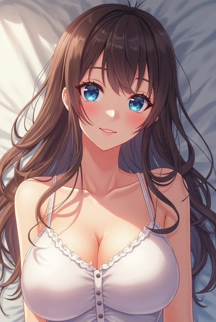 One female、brown hair、curly hair、blue eyes、dense lips、white underwear、white bra、beautiful breasts、slouch、inside the house、window sill、cherry blossoms、sunlight、masterpiece、ultra high resolution、perfect lighting、16K