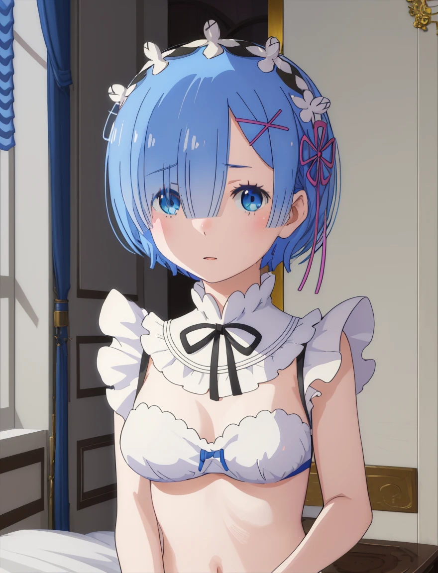 all realistic intricate details, masterpiece, best quality, highres, rem1, 1girl, solo, rem \(re:zero\), blue hair, short hair, red eyes, hair over one eye, ribbon trim, hair ribbon, x hair ornament, frills, crop top white, denim shorts,medium breasts, cleavage, sedection pose , hair flower, outdoor, standing, smile, perfect background, perfect light, random angle