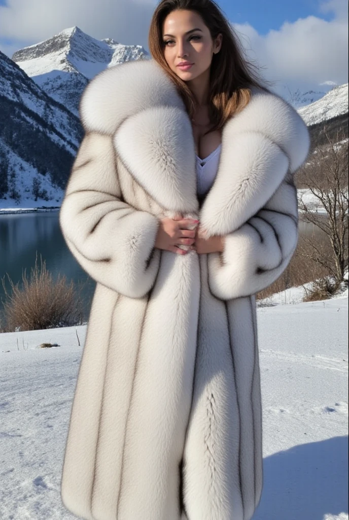 A very wide and very thick, manteau de fourrure extra long, en vison blanc, fifty centimeters thick, duveteux, naturel, with an ultra thick white mink fur collar, three layers, sur une jeune suedoise hyper jolie et sensuele , , fully nude , with two very large breasts visible, bare shoulders, and two large breast discovered by the fur,
