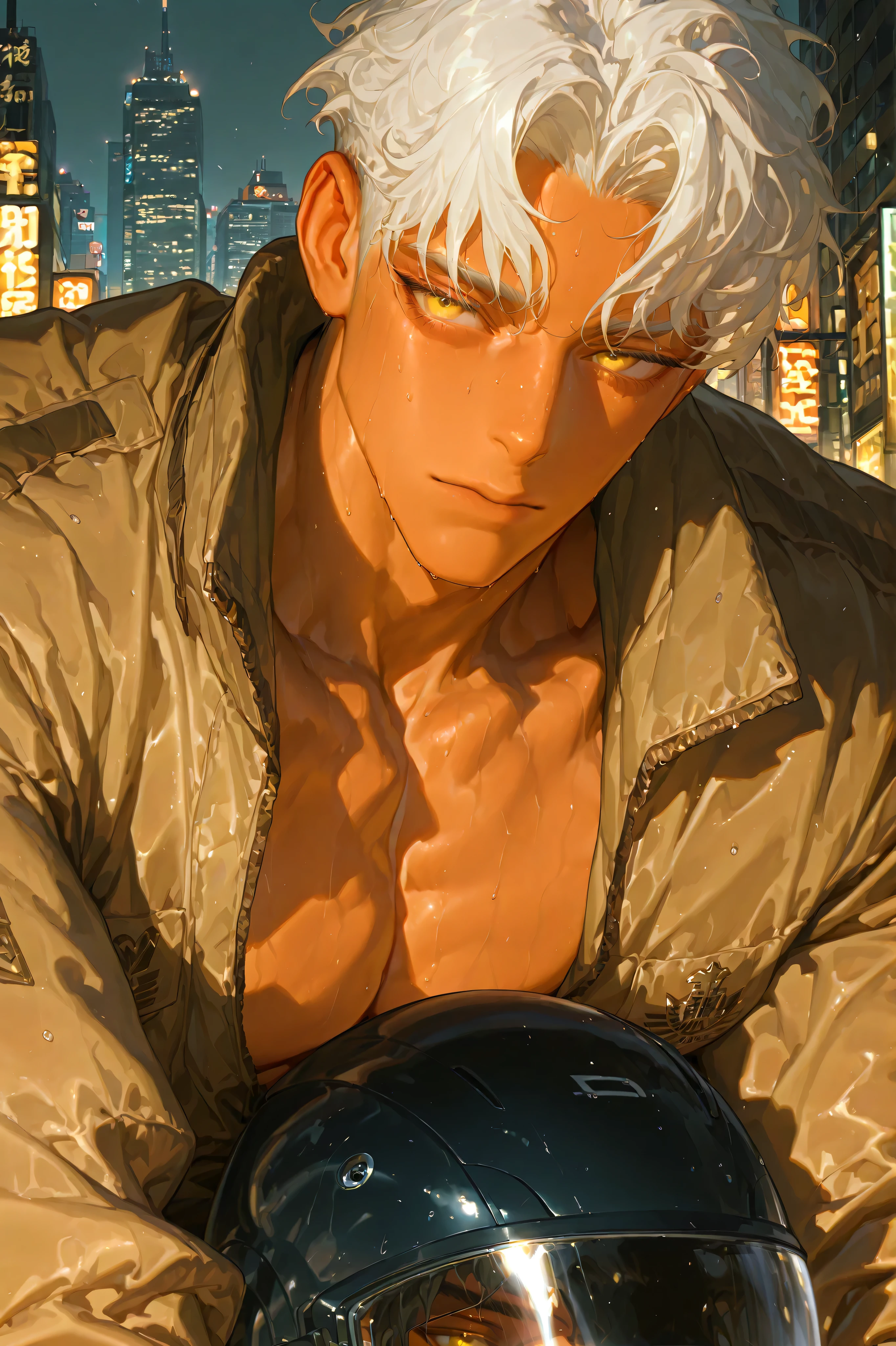 8k, beautiful masterpiece, 25 year old male, handsome, Lying, 1 man, male-centered, focus, handsome man, Thick painted, Perfect Eyes, Perfect Eyes shape,high detail, muscular, near, heavy body, big hand, alone, short hair, white hair, curly hair, Wearing a black nasi, Wearing a brown rider jacket, new york city, sweat, wet, dark skin, tan skin, city, harsh, holding a helmet, Leaning on the motorcycle, bust, chest muscles, yellow eyes, detailed eyes, delicate eyes, close, close to face, mature, Focus on face