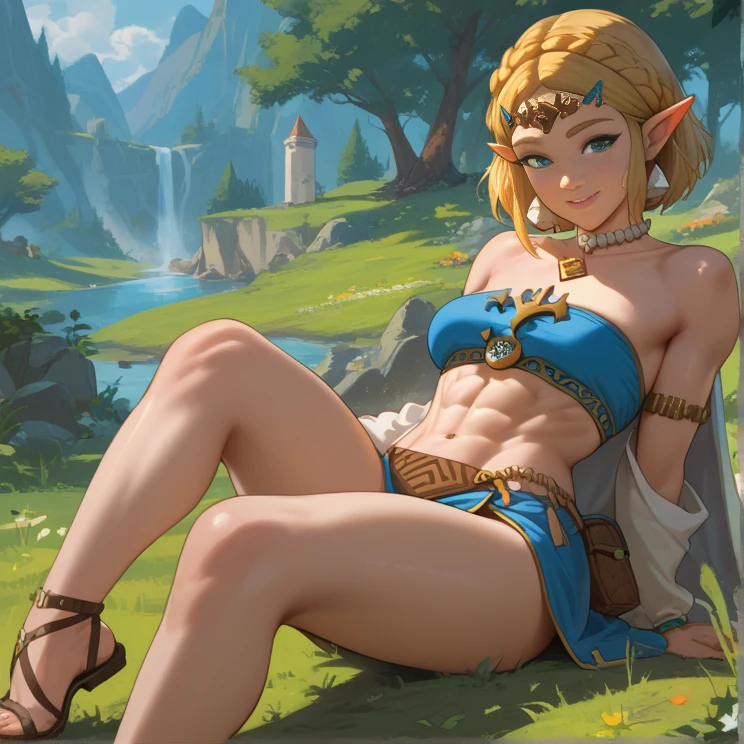 1girl!!!, elf, short bob hair, gold hair, very small breasts!!, long pointed ears, blue eyes, fair skin, happy face, she nude, lot of cum on sex, full body, sitting, lake behind mountain, very sexy body, detailed face, highly detailed, 8k, best quality, masterpiece, vibrant colors, digital art, concept art