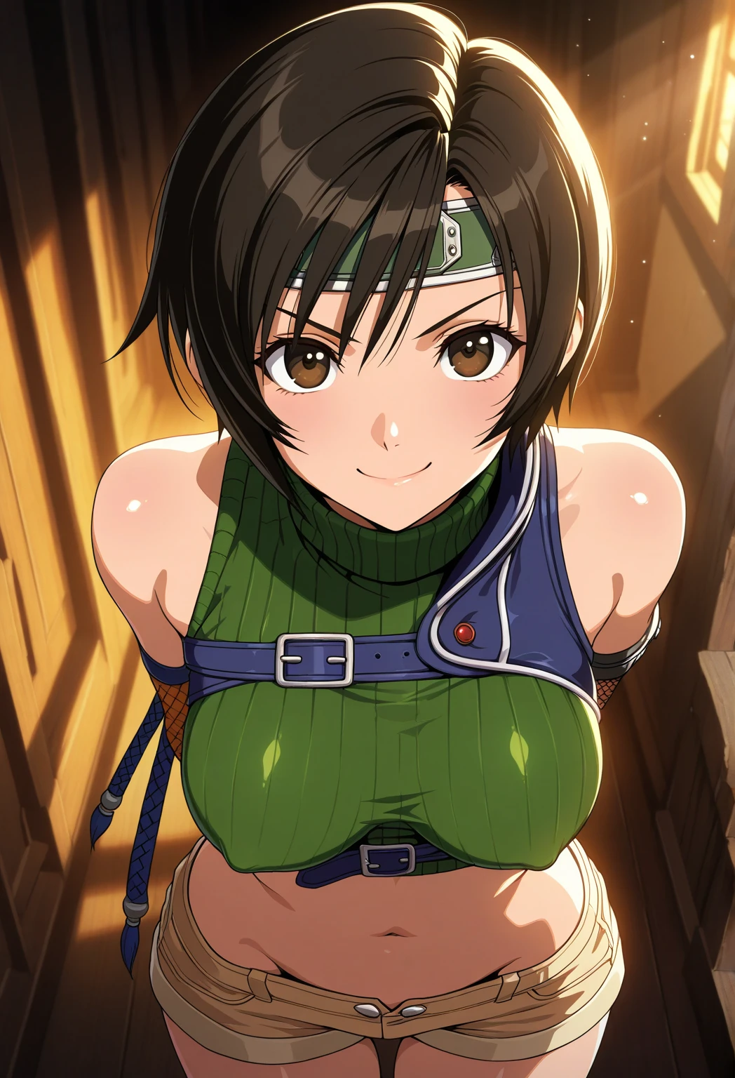 score_9, score_8_up, score_7_up,,BREAK source_anime, from behind,low angle ,bent over,all fours,straight-on,medium shot,looking_at_viewer,1girl, yuffie kisaragi, final fantasy, short hair,headband,navel,sleeveless,turtleneck,brown eyes,sleeveless turtleneck,solo,breasts,,smile,gloves,crop top,brown hair,shorts,midriff,,sweater,open fly,fingerless gloves,ribbed sweater,medium breasts,yufi_kisaragi,grin, (best quality),(aesthetic,very aesthetic),masterpiece, highres, (anime screenshot:0.5),
