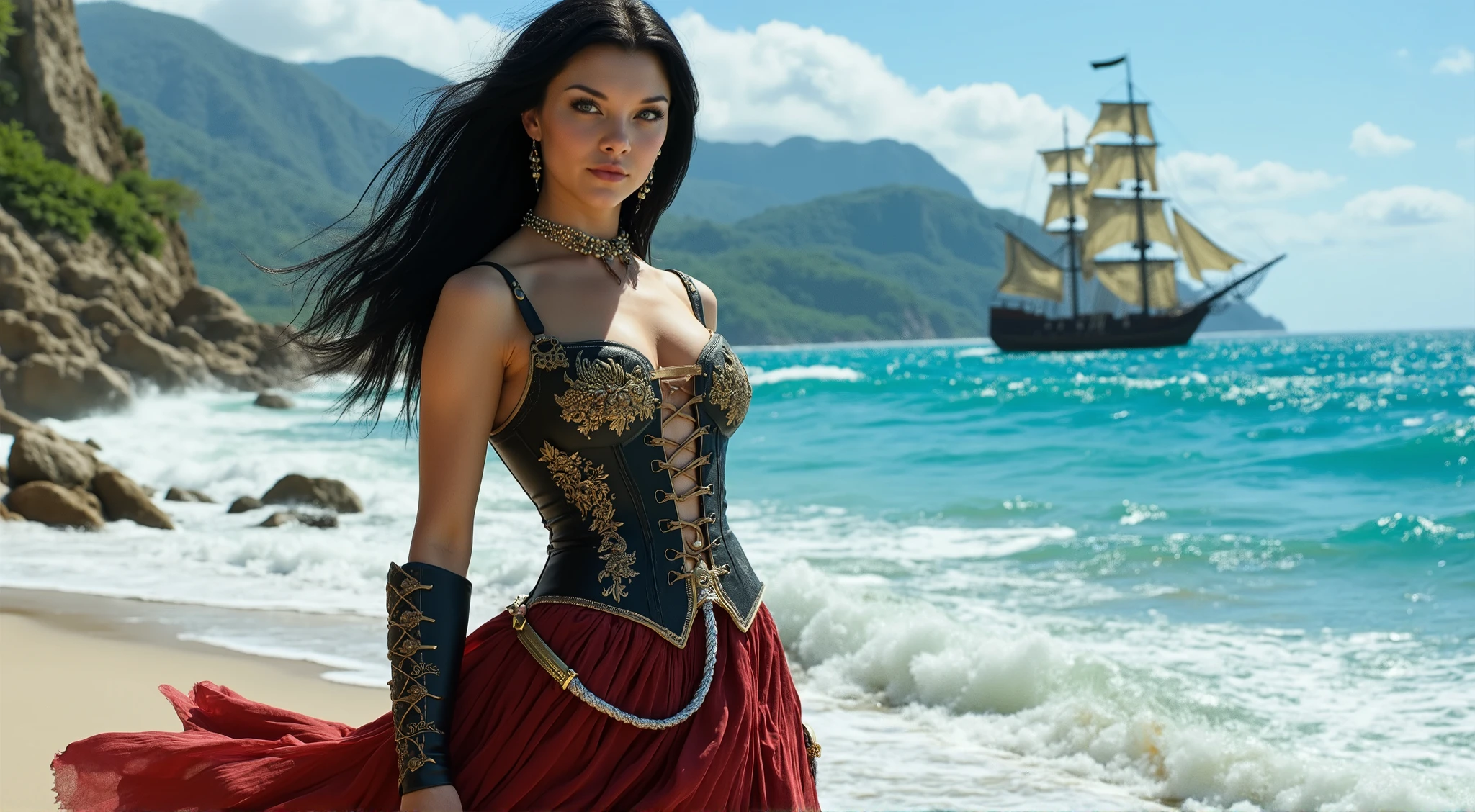 Realistic fantasy style image of a beautiful black-haired woman in pirate attire looking at the camera, standing next to a beach by the sea and in the background a wooden pirate ship