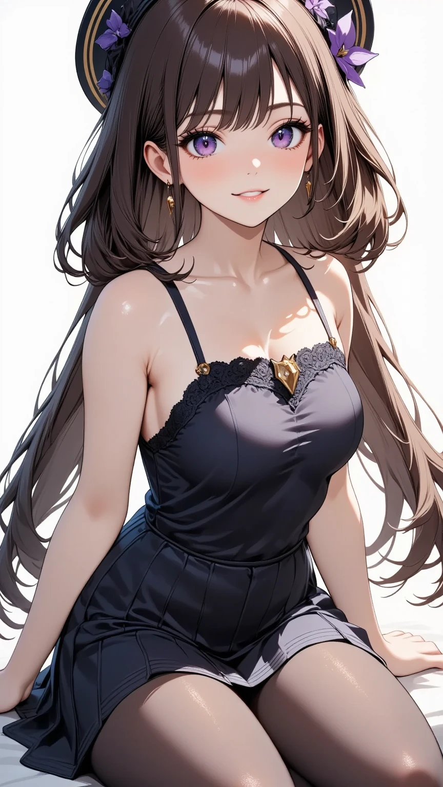 Photo of a woman with natural skin, Seaside cave, The light is shining in, Upper Body, Smiling, High Twintails, Black hair with red mesh, Sharp eyes with red eyeshadow, Blue-green eyes, Shining eyes, A thin, upturned nose, Well-shaped lips, Big Breasts, ((Black off-the-shoulder dress, Thin shoulder straps)), barefoot, Makeup, Exquisitely crafted with the utmost attention to detail, Vibrant, amazing, Smooth, Cinematic, 4K, Backlight, (()), Shallow depth of field, ((Detailed eyes:1.3, Detailed lips:1.3, high quality, )), masterpiece, Super detailed images, High quality