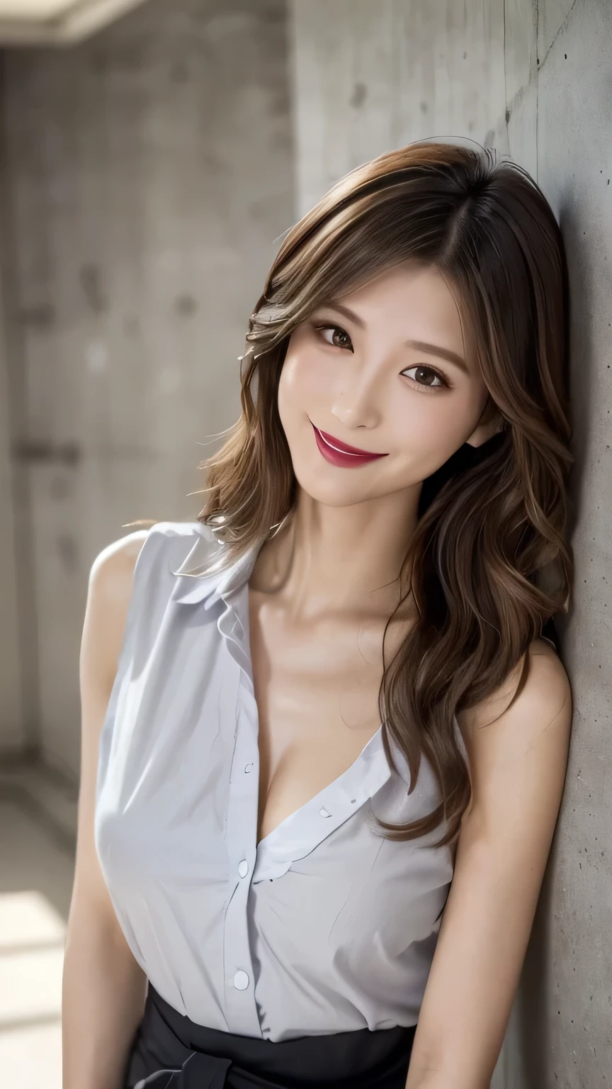 very detailed, masterpiece , best quality , (( Photorealistic:1.4)), ((skinny body:1.4))、(((white office shirt、Sleeveless、))、((Saggy Breasts))、25 year old Japanese sexy woman ((makeup、lipstick、sensual big nose))、detailed face、(((light brown hair、Big Wave Long Hair、 asymmetry))), graceful and sophisticated 、((from waist to head with camera))、((sensual smile))、((professional cool writing))、((Ruined Hospital Interior、concrete wall and floor))、