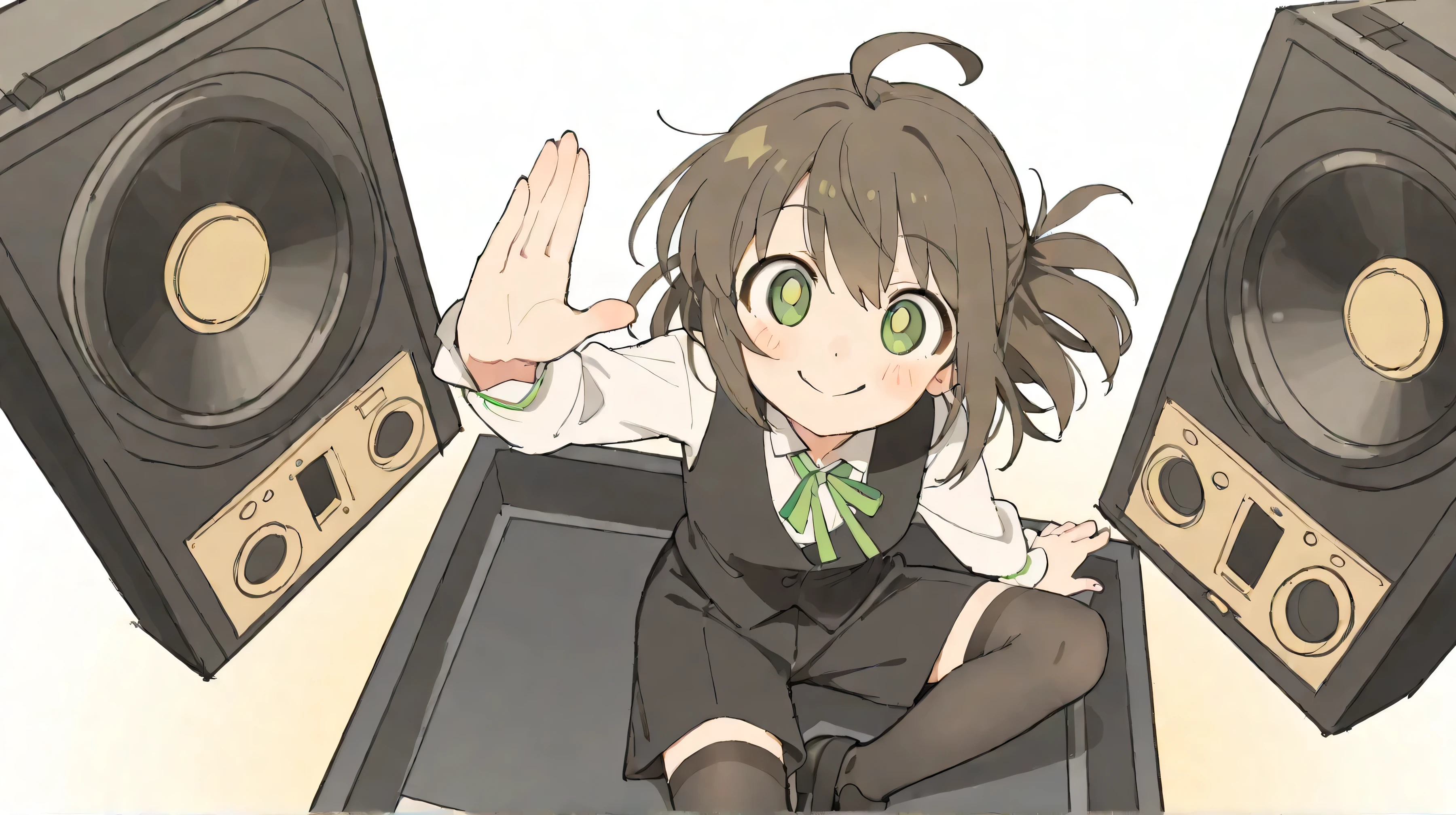 masterpiece, best quality, newest, absurdres, highres,view from above,
short dark brown hair, ahoge, shiny green eyes, 1girl, solo, cheerful and energetic expression, wide smile, soft blush, sitting on top of a large speaker/sound system, raising one hand happily, dynamic and playful pose, wearing a modern butler outfit: fitted white shirt, black vest, black shorts, thigh-high black stockings, black shoes, green ribbon accent, urban music vibe, stylish and cute, vibrant atmosphere, clean anime style, soft lighting