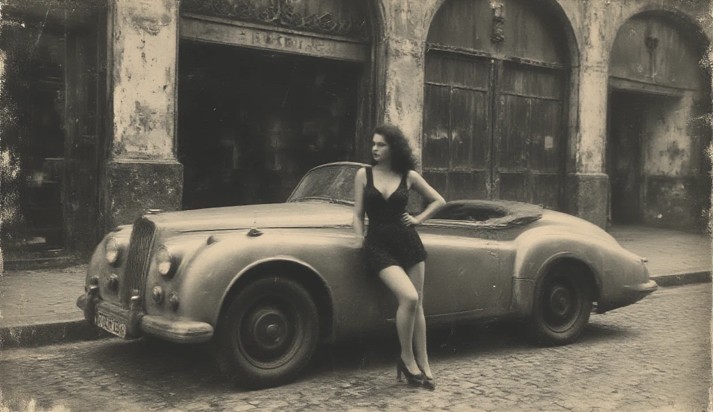 ((artwork)),((realistic photo)),((maximum quality)),(detailed erotic photo)(Women,attractive,vicious) (with lingerie),(realistic view),Leaning on a classic car in front of a restaurant., in an old 1950's , 50s vibes,