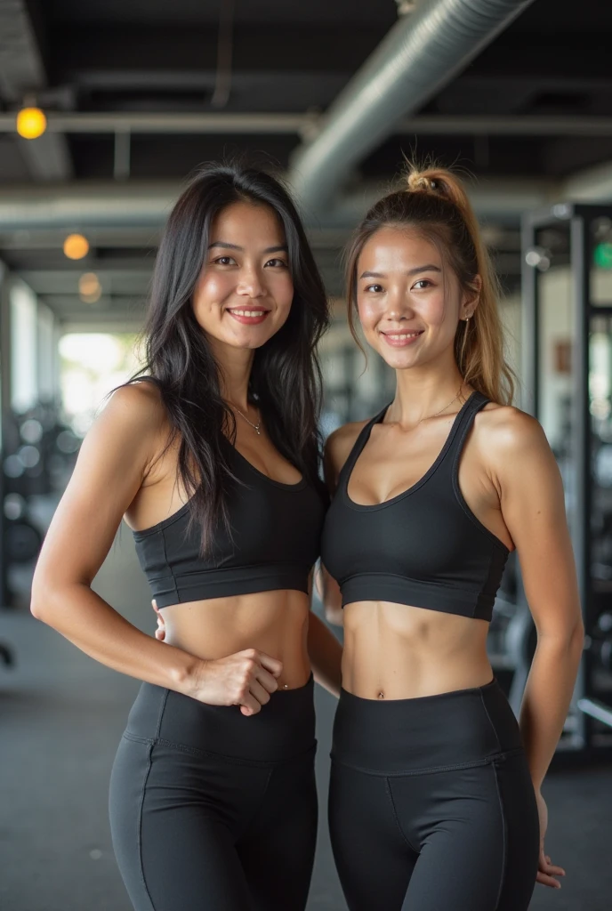 Realistic photo of two beautiful Indonesian body builder women wearing black t-shirts, black pants sitting on the terrace of the house, smiling faces looking at the camera